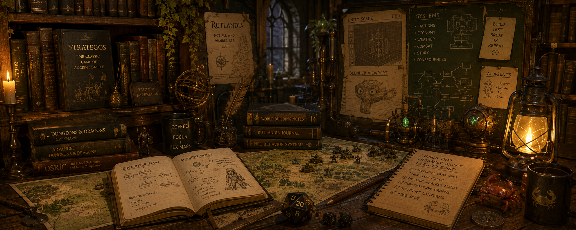 Rutlandia workshop artwork with maps, notebooks, tools, and lantern light.